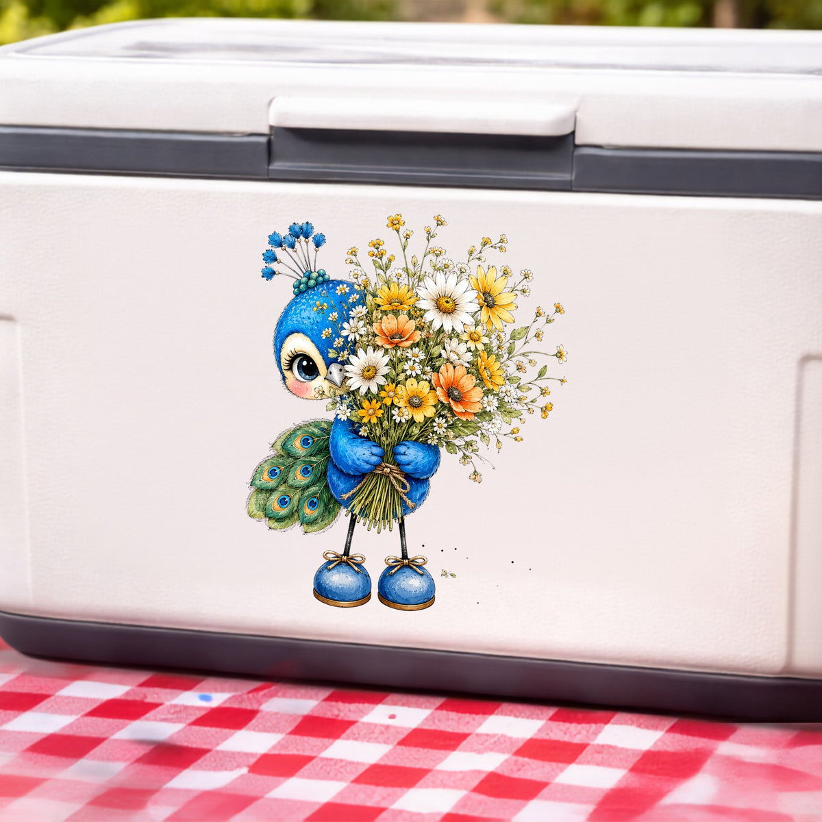 Peacock Holding Wildflower Bouquet UV DTF sticker applied to a white cooler on a red gingham cloth