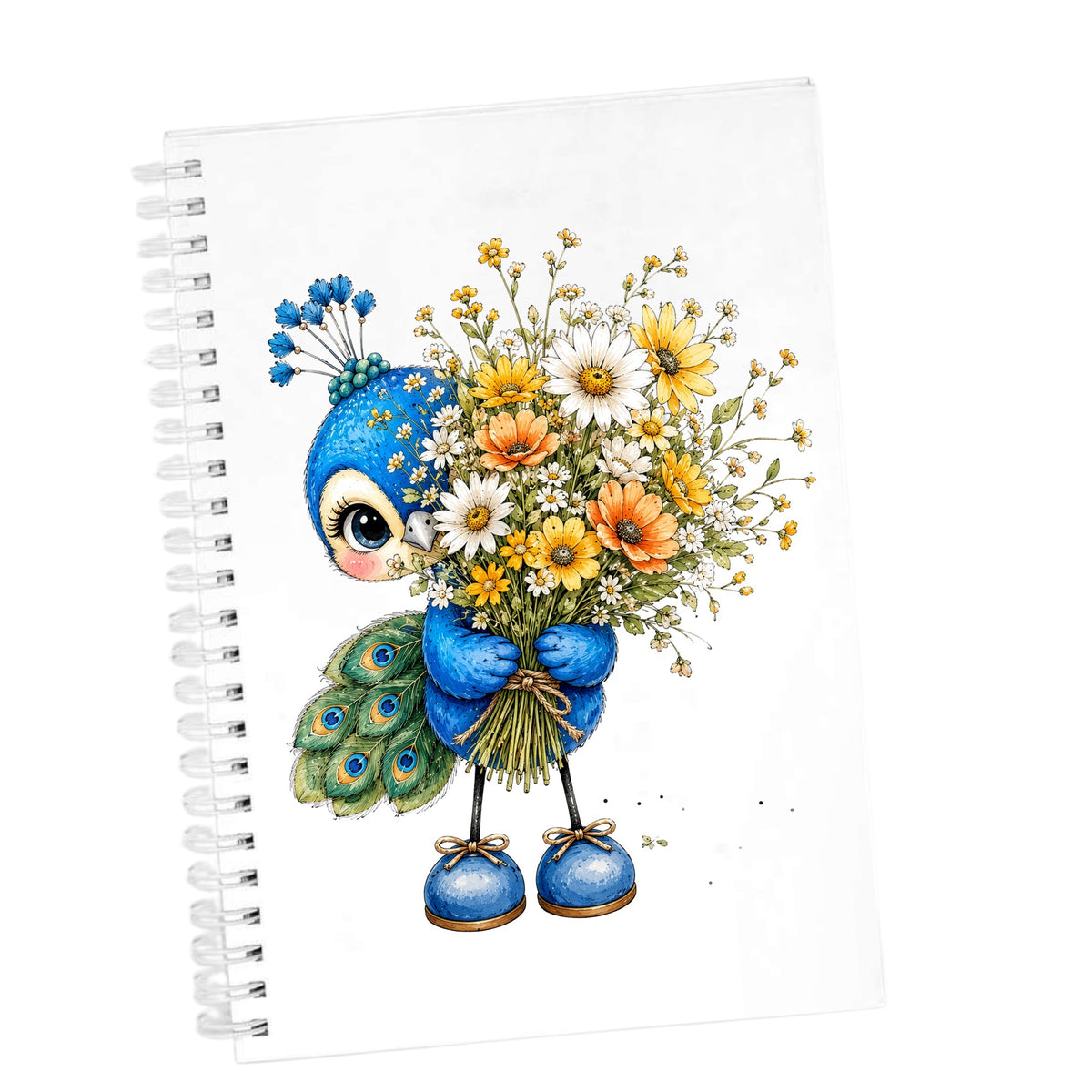 Peacock Holding Wildflower Bouquet UV DTF sticker applied to the cover of a white spiral journal
