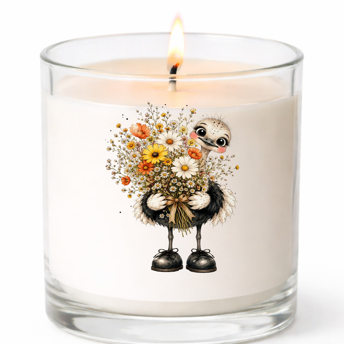 Ostrich Holding Daisy Bouquet UV DTF sticker applied to a white candle in a clear glass jar