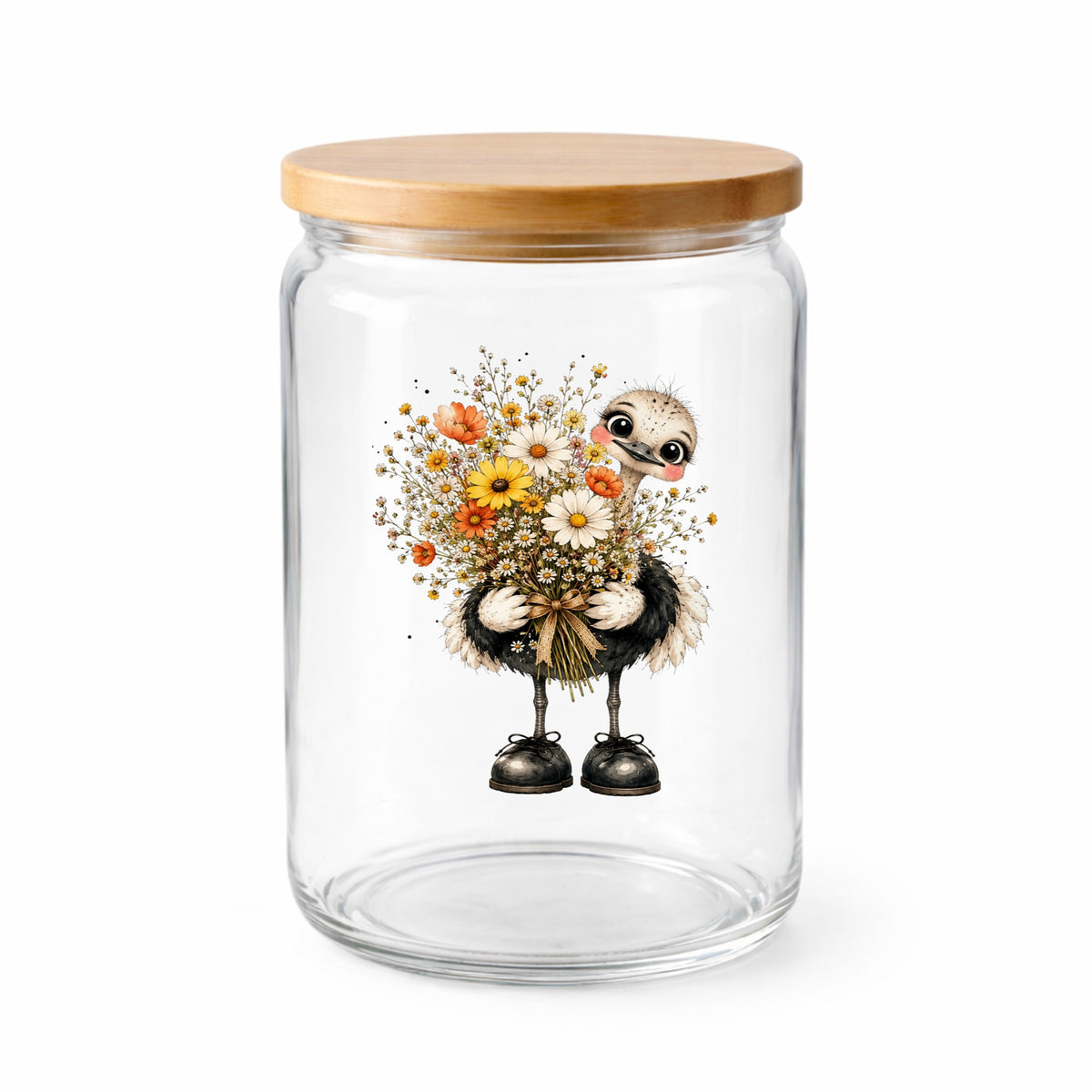 Ostrich Holding Daisy Bouquet UV DTF sticker applied to a clear glass jar with a wooden lid