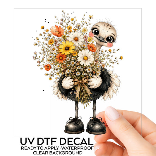 Ostrich Holding Daisy Bouquet UV DTF sticker on its backing card, held in hand