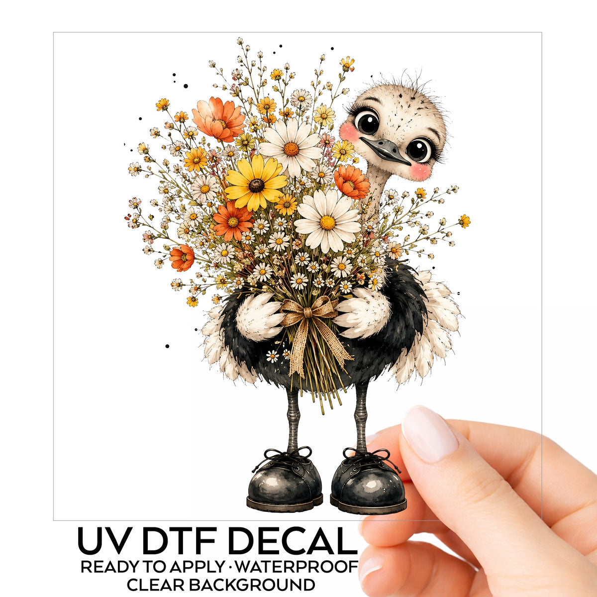 Ostrich Holding Daisy Bouquet UV DTF sticker on its backing card, held in hand