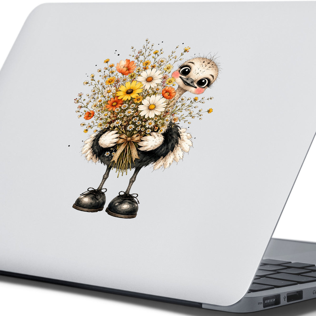 Ostrich Holding Daisy Bouquet UV DTF sticker applied to the lid of a silver laptop