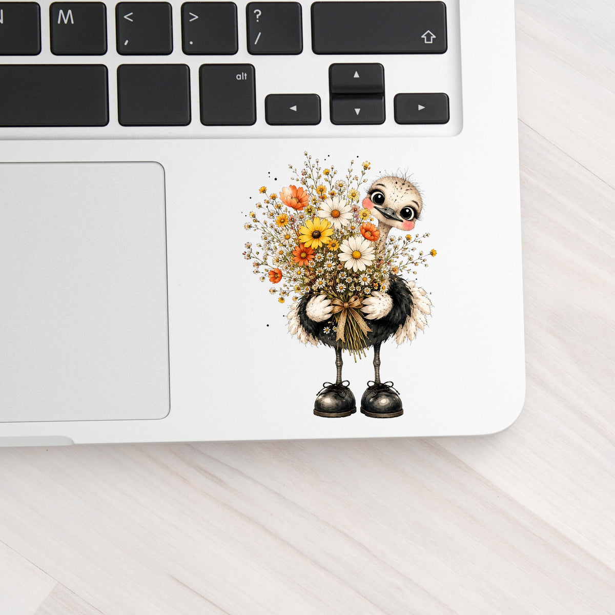Ostrich Holding Daisy Bouquet UV DTF sticker applied to a silver laptop beside the keyboard