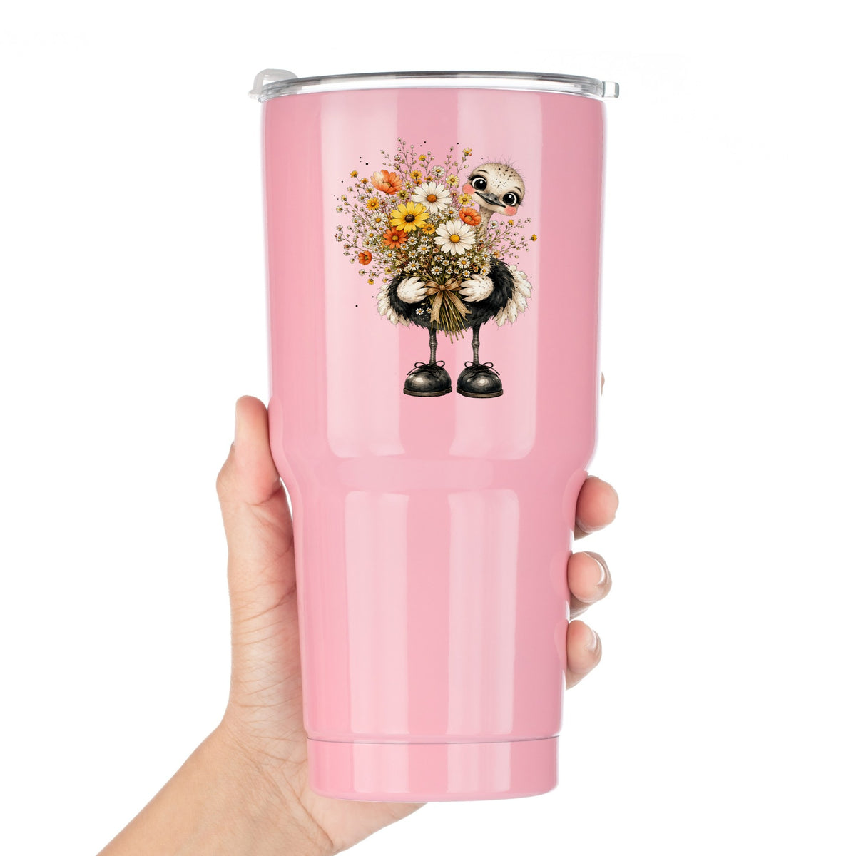 Ostrich Holding Daisy Bouquet UV DTF sticker applied to a pink tumbler held against a white background
