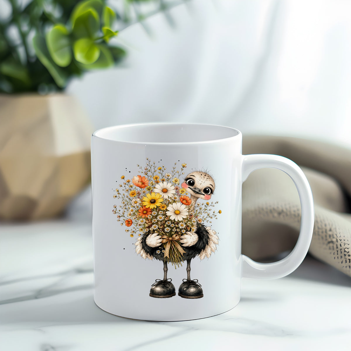 Ostrich Holding Daisy Bouquet UV DTF sticker applied to a white coffee mug