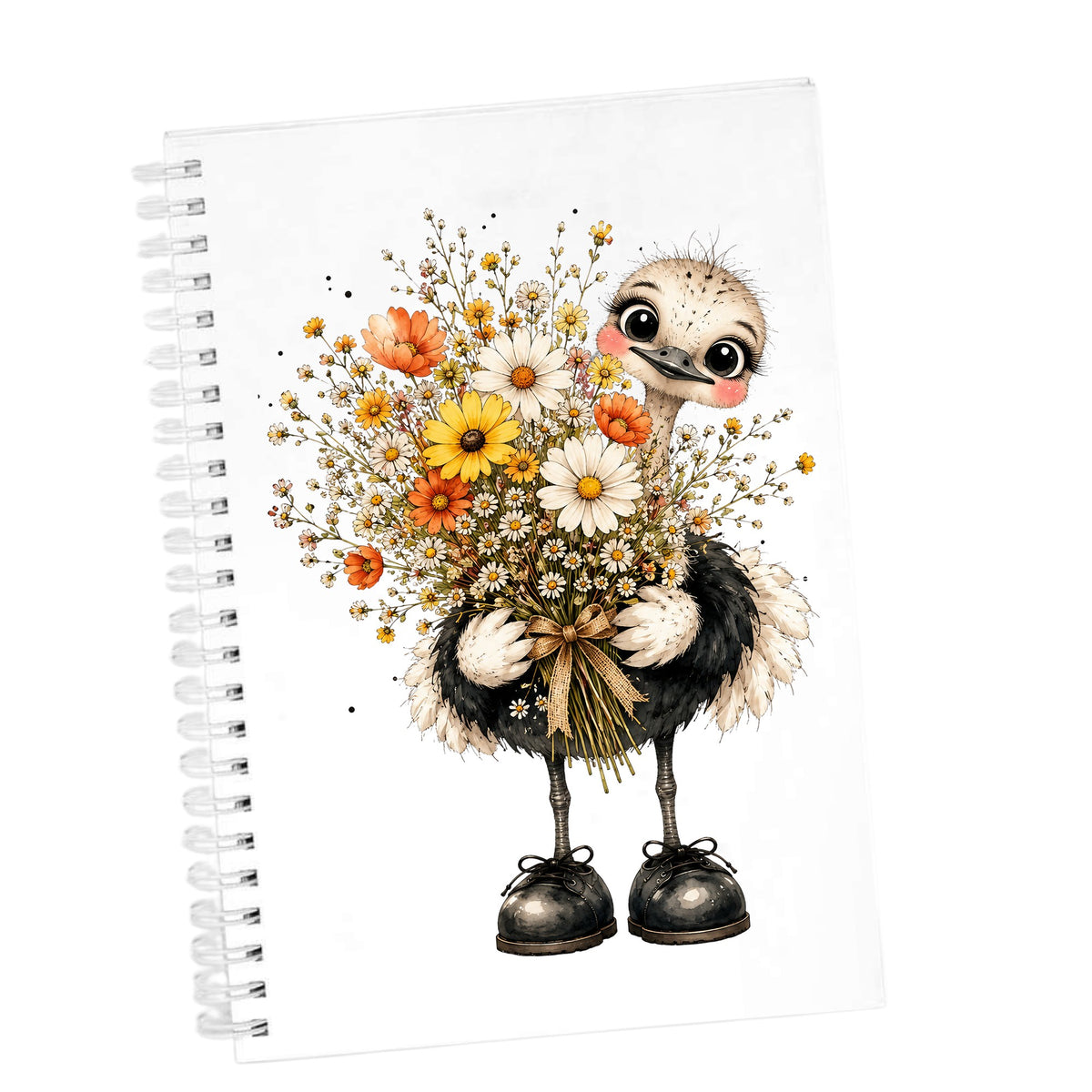 Ostrich Holding Daisy Bouquet UV DTF sticker applied to the cover of a white spiral journal