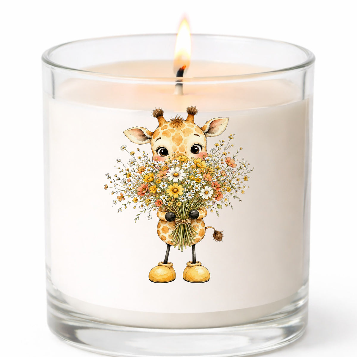 Baby Giraffe Holding Wildflower Bouquet UV DTF sticker applied to a white candle in a clear glass jar