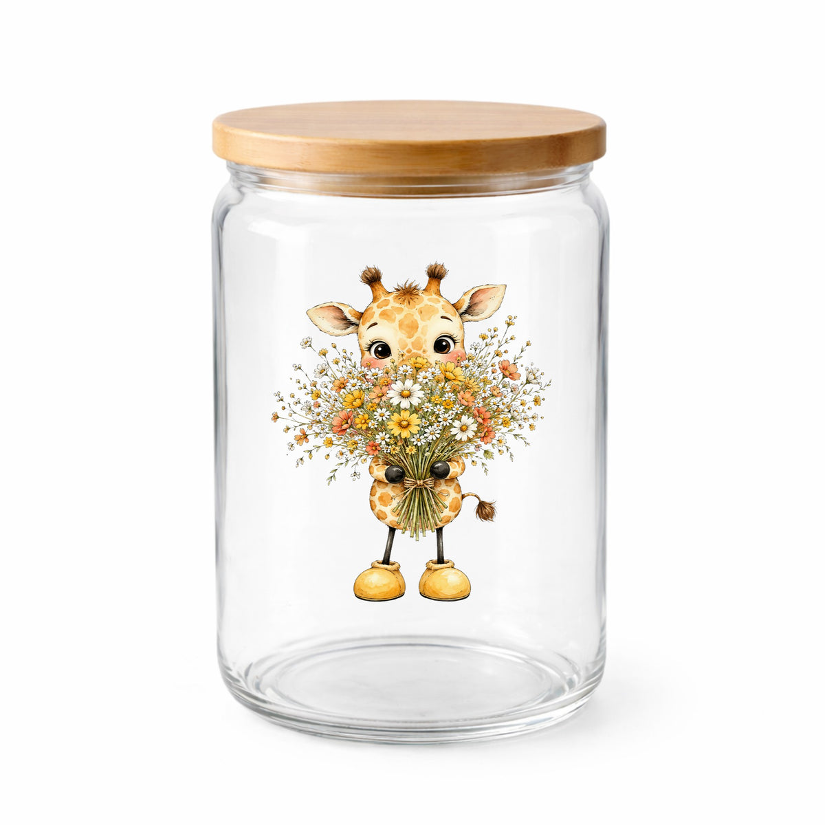 Baby Giraffe Holding Wildflower Bouquet UV DTF sticker applied to a clear glass jar with a wooden lid