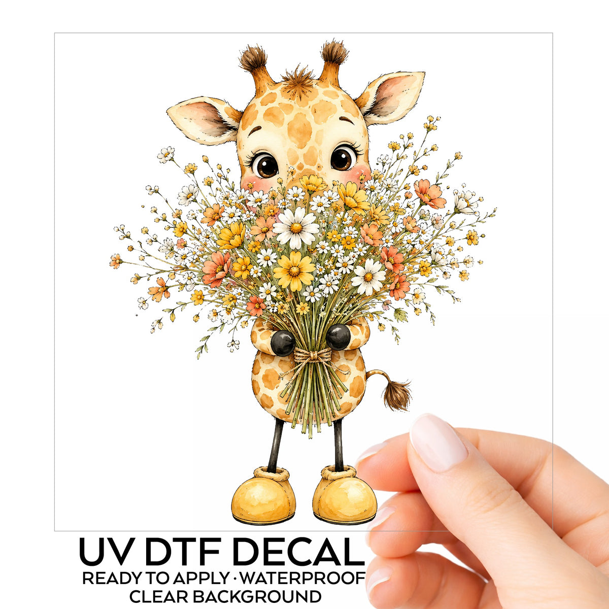Baby Giraffe Holding Wildflower Bouquet UV DTF sticker on its backing card, held in hand