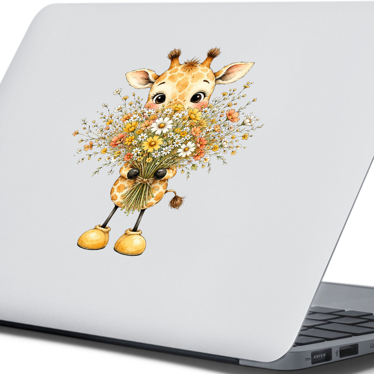 Baby Giraffe Holding Wildflower Bouquet UV DTF sticker applied to the lid of a silver laptop
