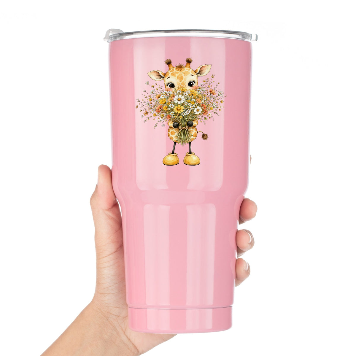 Baby Giraffe Holding Wildflower Bouquet UV DTF sticker applied to a pink tumbler held against a white background