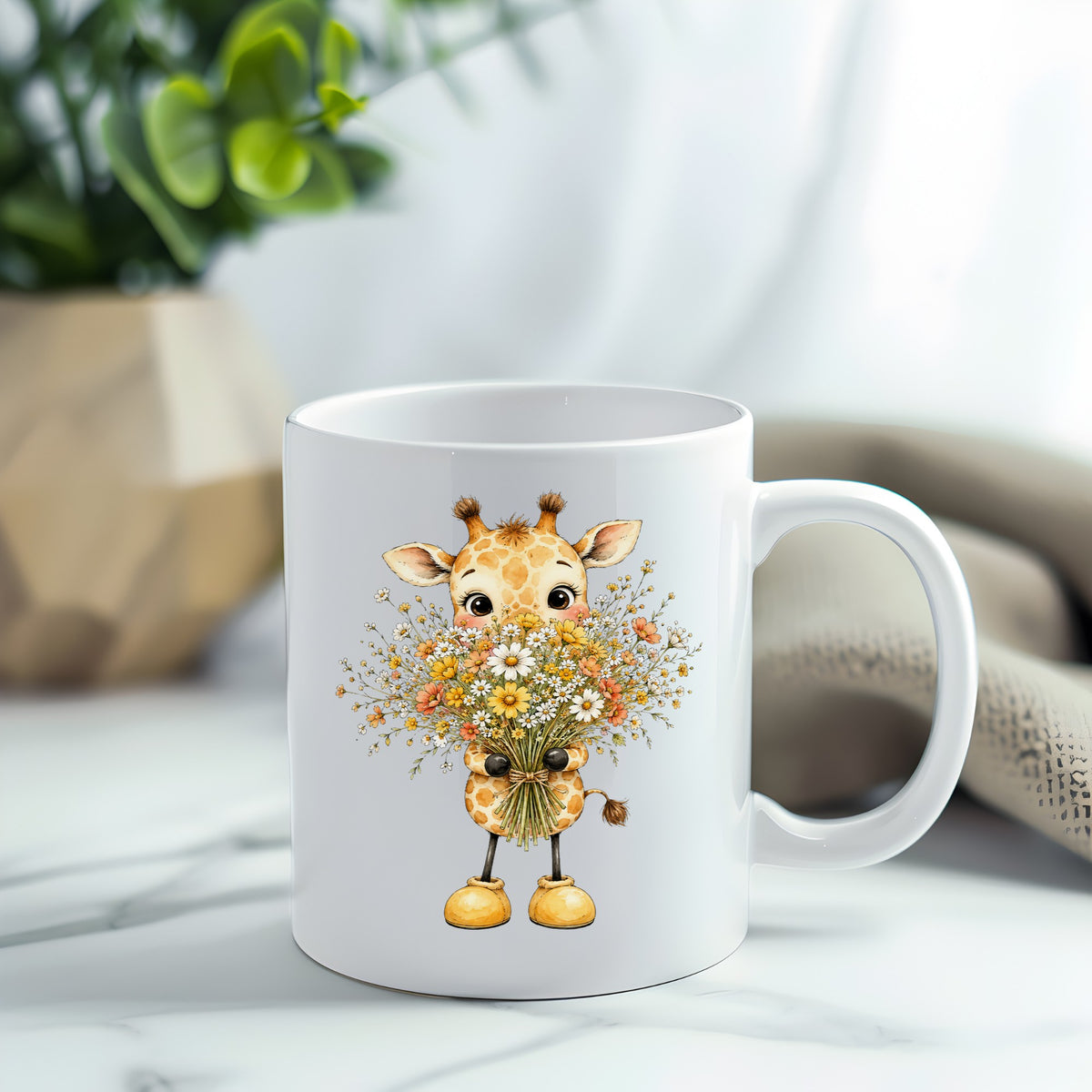 Baby Giraffe Holding Wildflower Bouquet UV DTF sticker applied to a white coffee mug