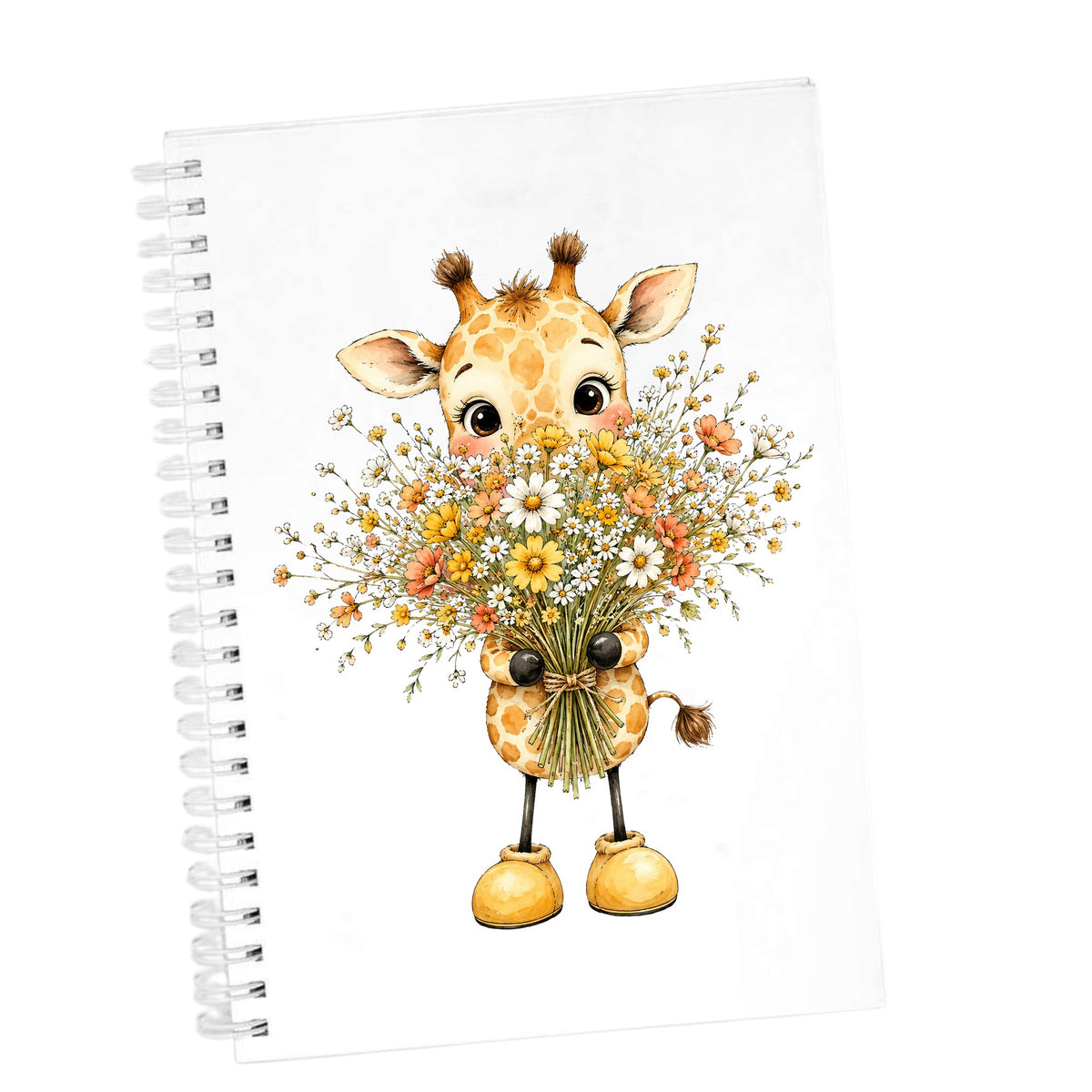 Baby Giraffe Holding Wildflower Bouquet UV DTF sticker applied to the cover of a white spiral journal