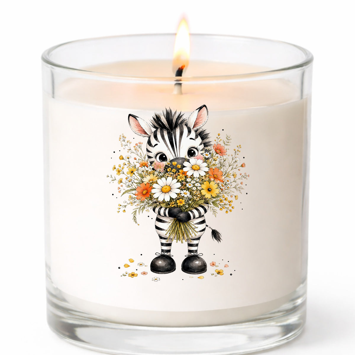Zebra Holding Wildflower Bouquet UV DTF sticker applied to a white candle in a clear glass jar