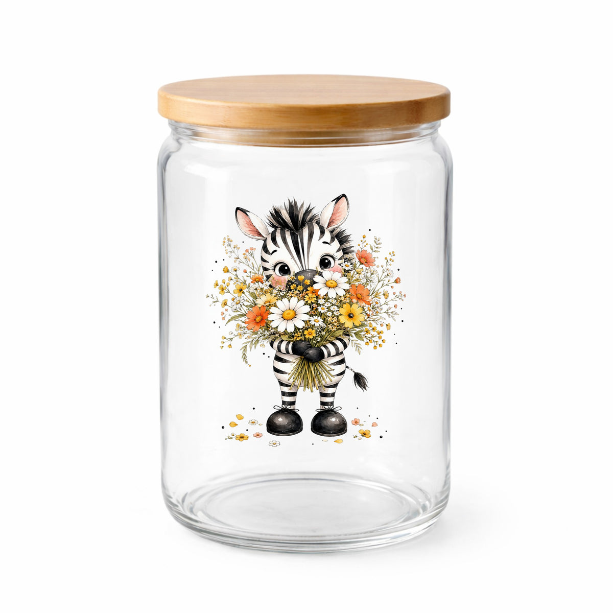 Zebra Holding Wildflower Bouquet UV DTF sticker applied to a clear glass jar with a wooden lid