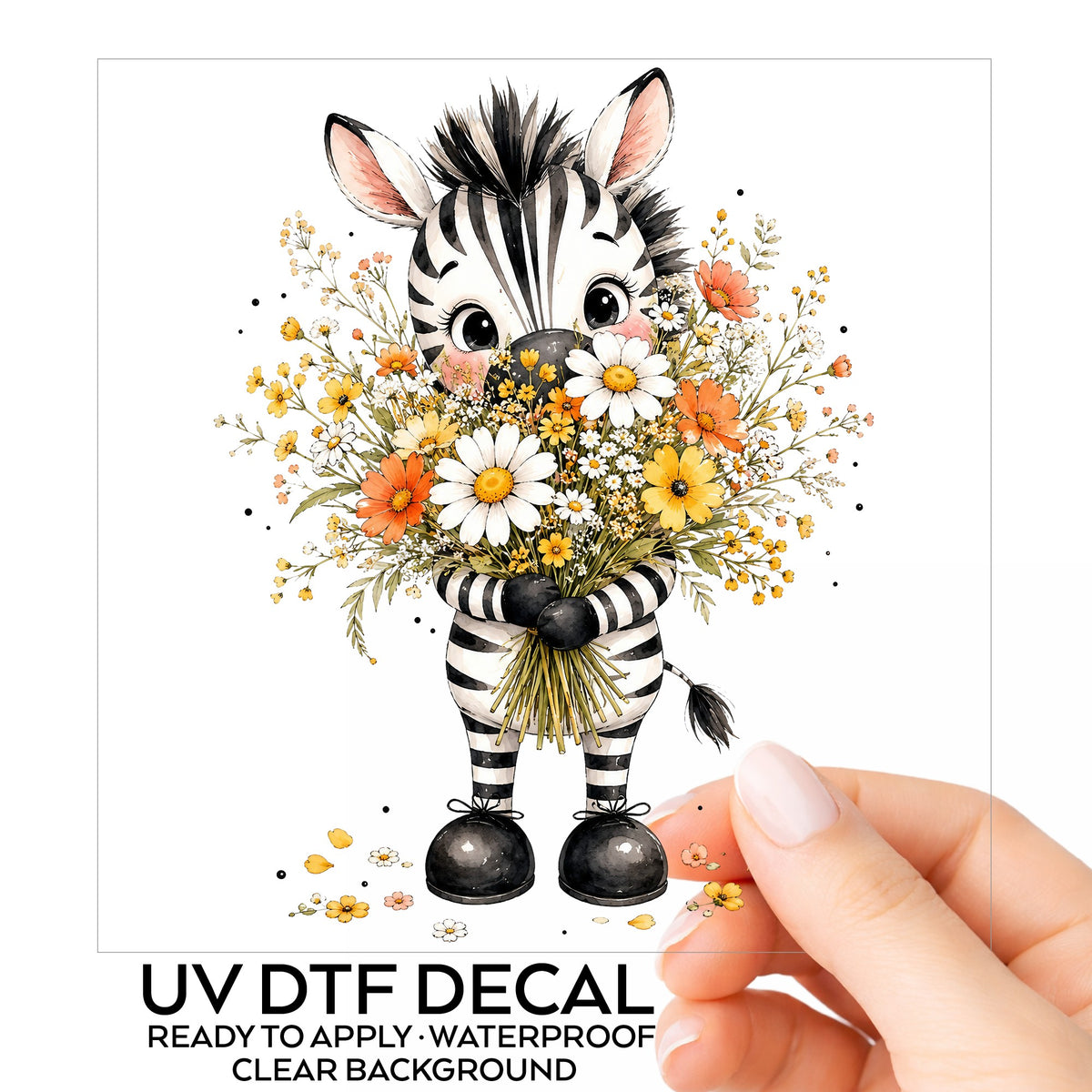 Zebra Holding Wildflower Bouquet UV DTF sticker on its backing card, held in hand