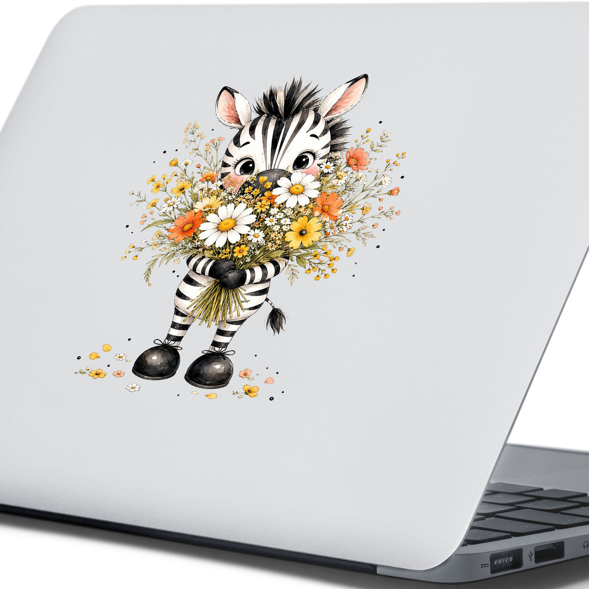 Zebra Holding Wildflower Bouquet UV DTF sticker applied to the lid of a silver laptop