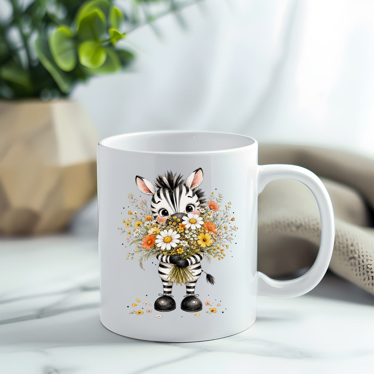 Zebra Holding Wildflower Bouquet UV DTF sticker applied to a white coffee mug