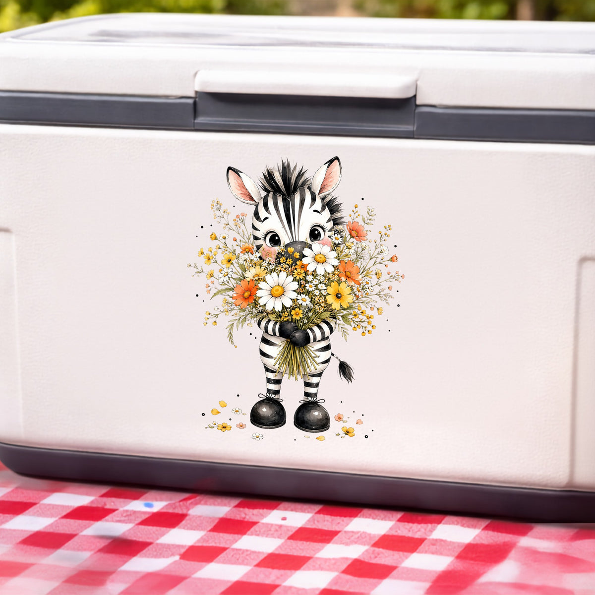 Zebra Holding Wildflower Bouquet UV DTF sticker applied to a white cooler on a red gingham cloth