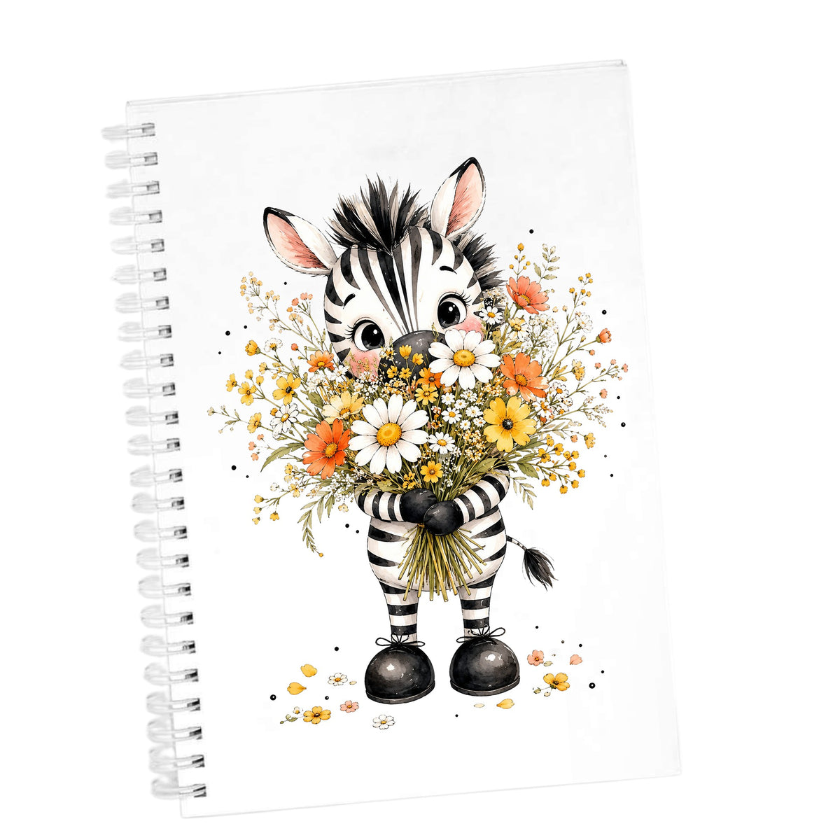 Zebra Holding Wildflower Bouquet UV DTF sticker applied to the cover of a white spiral journal