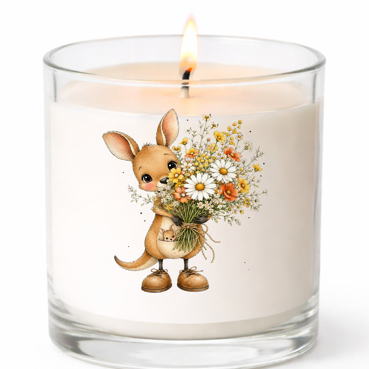 Kangaroo Holding Daisy Bouquet UV DTF sticker applied to a white candle in a clear glass jar