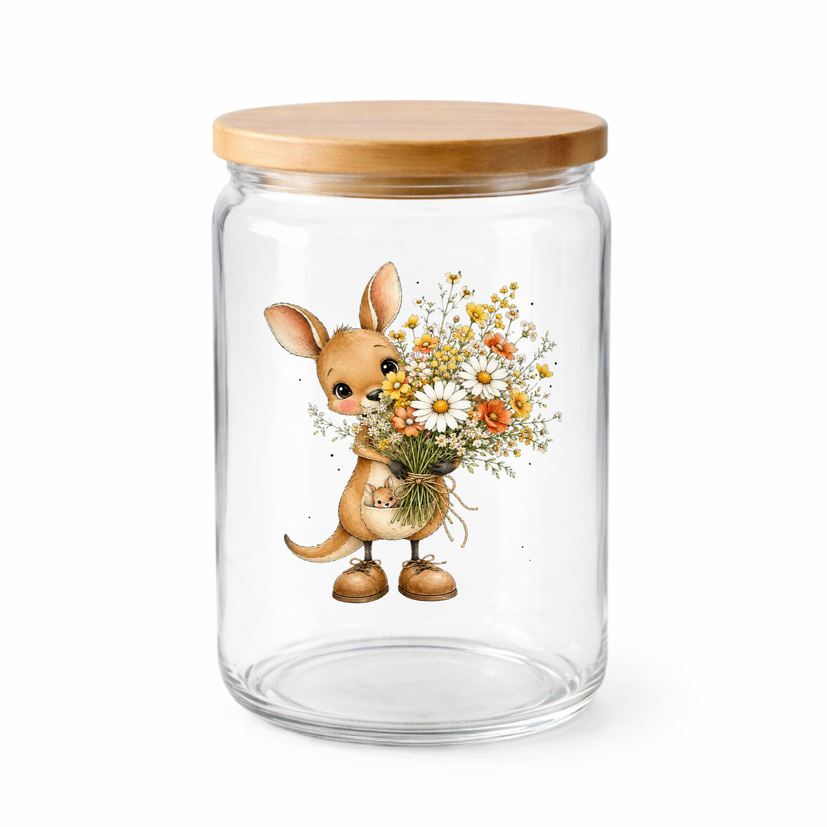 Kangaroo Holding Daisy Bouquet UV DTF sticker applied to a clear glass jar with a wooden lid