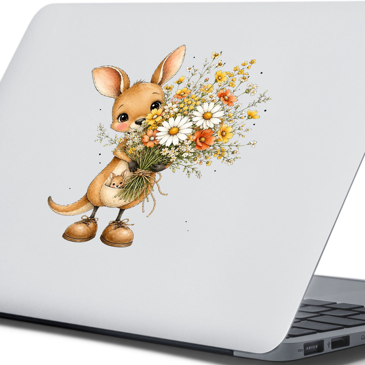 Kangaroo Holding Daisy Bouquet UV DTF sticker applied to the lid of a silver laptop