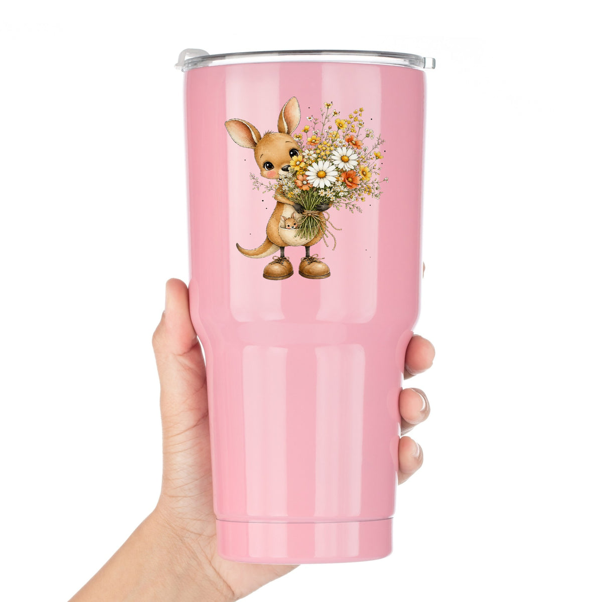 Kangaroo Holding Daisy Bouquet UV DTF sticker applied to a pink tumbler held against a white background