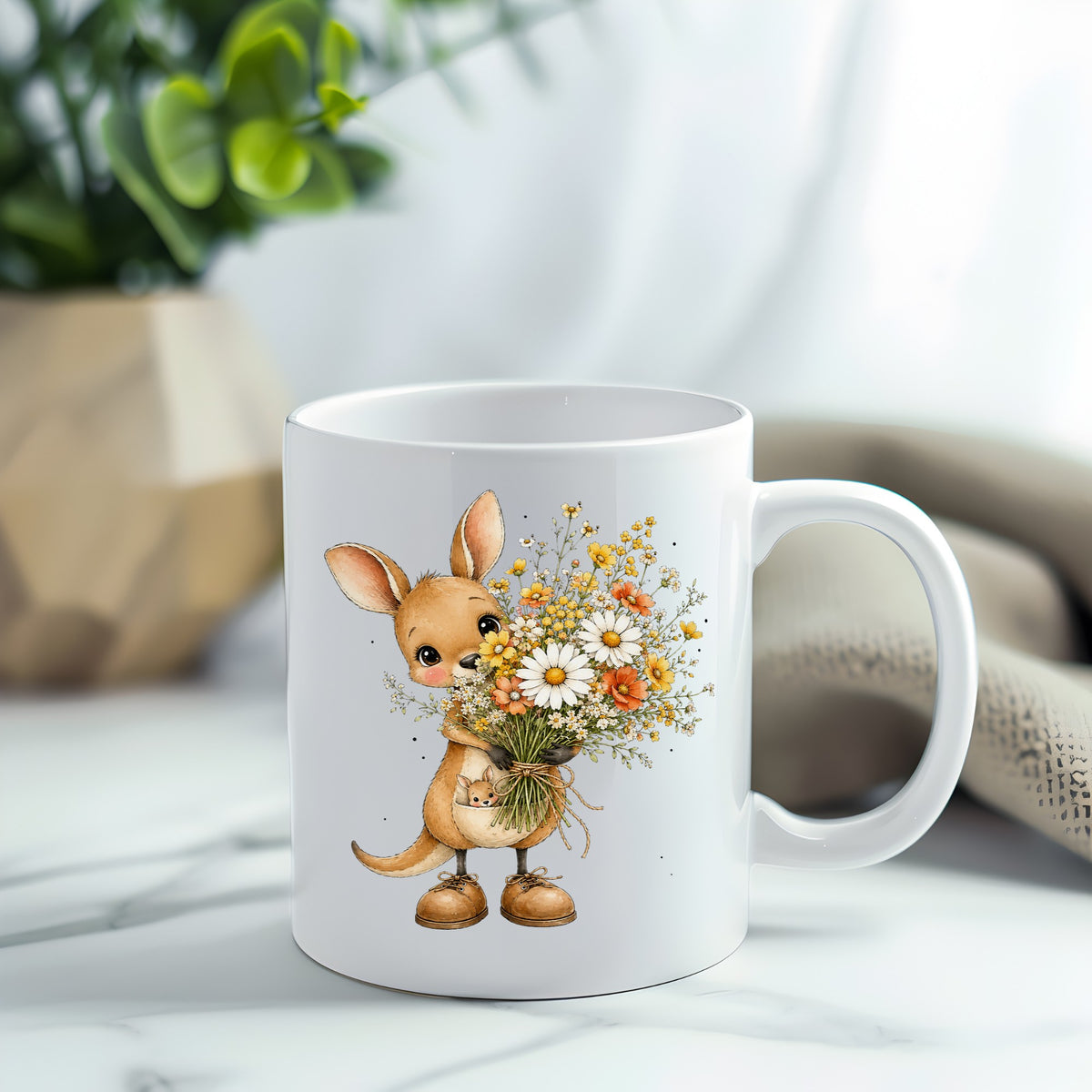 Kangaroo Holding Daisy Bouquet UV DTF sticker applied to a white coffee mug