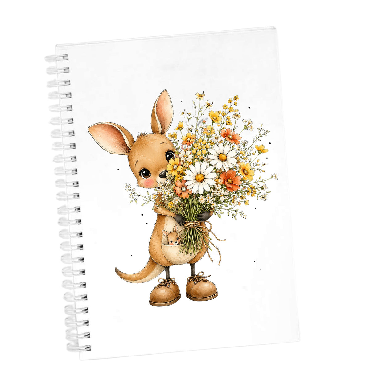 Kangaroo Holding Daisy Bouquet UV DTF sticker applied to the cover of a white spiral journal