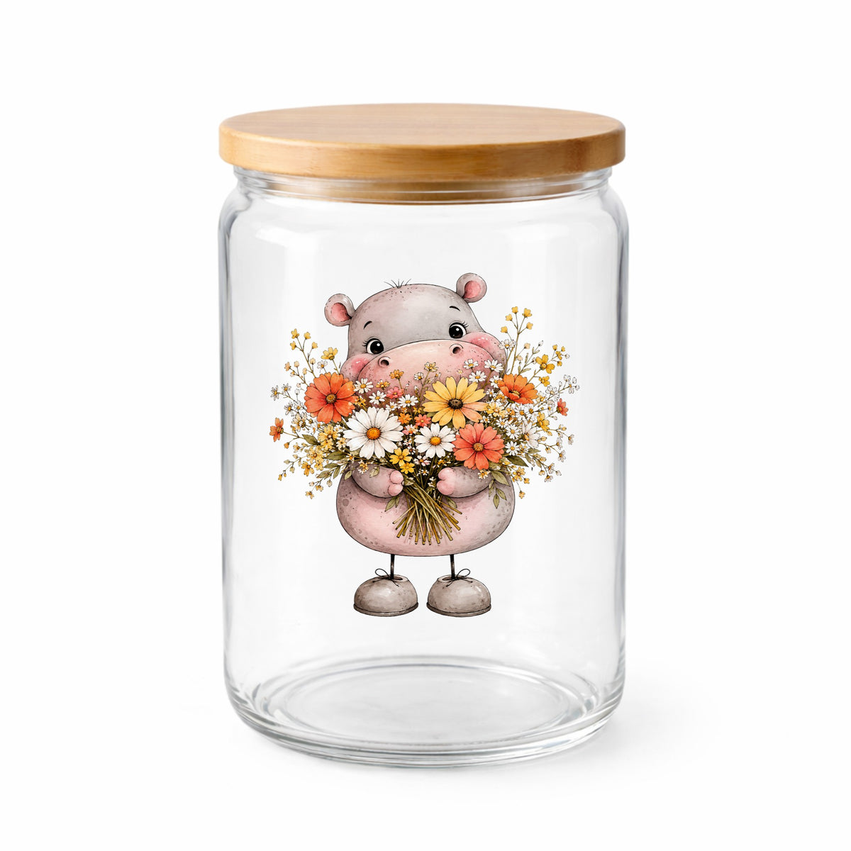 Pink Hippo Holding Wildflower Bouquet UV DTF sticker applied to a clear glass jar with a wooden lid