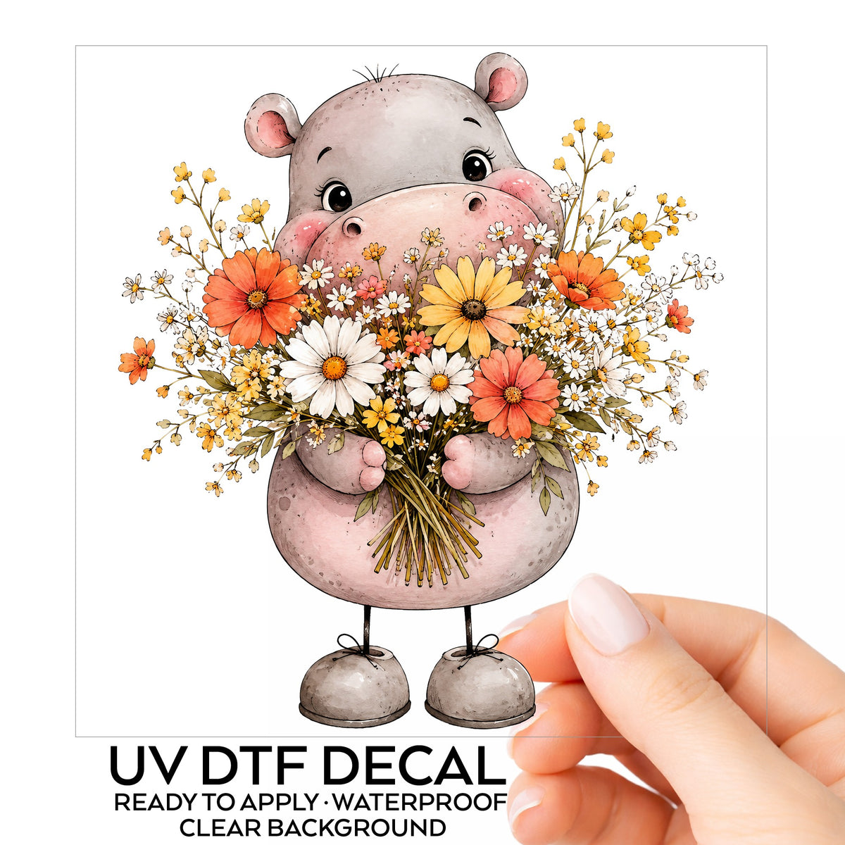 Pink Hippo Holding Wildflower Bouquet UV DTF sticker on its backing card, held in hand