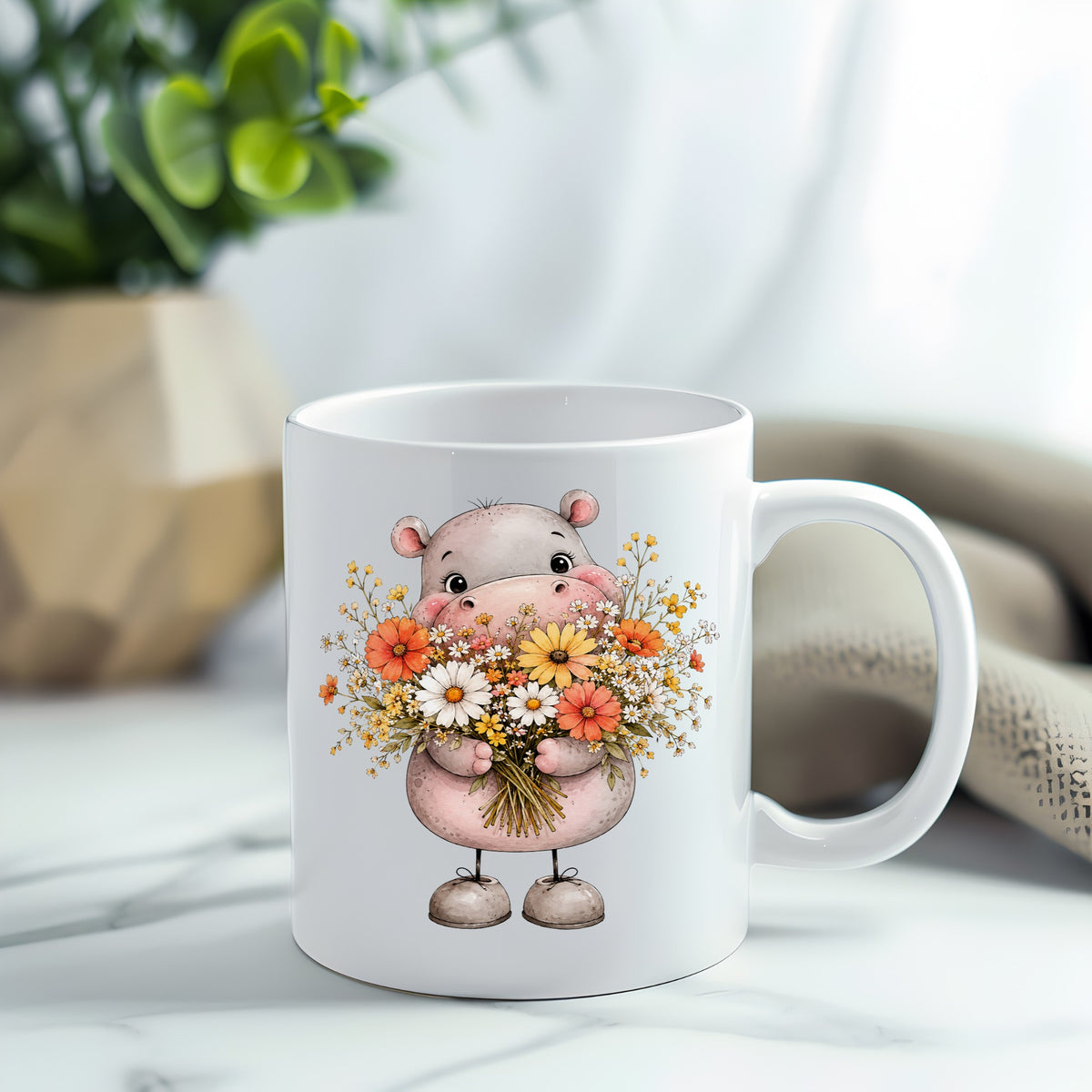 Pink Hippo Holding Wildflower Bouquet UV DTF sticker applied to a white coffee mug