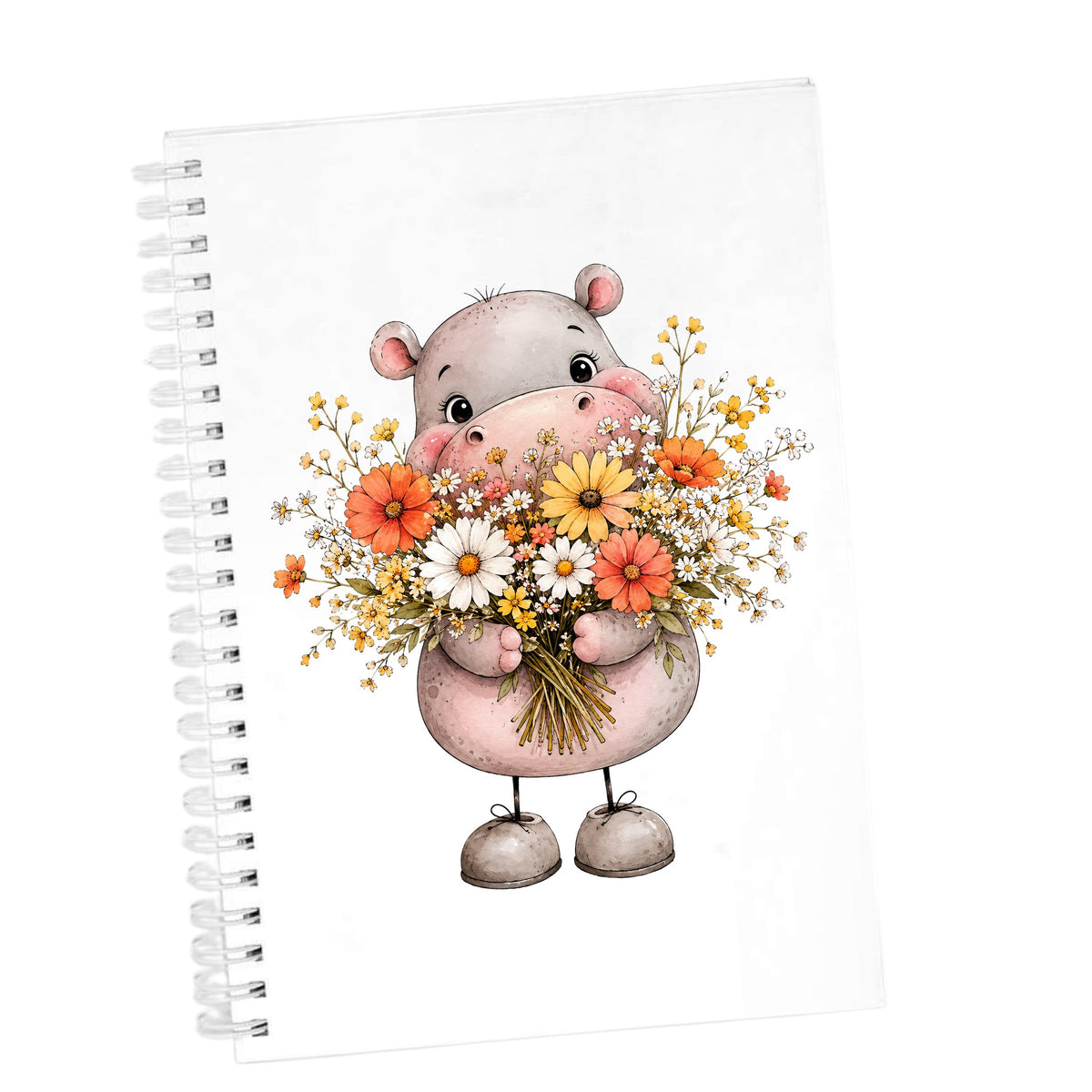 Pink Hippo Holding Wildflower Bouquet UV DTF sticker applied to the cover of a white spiral journal