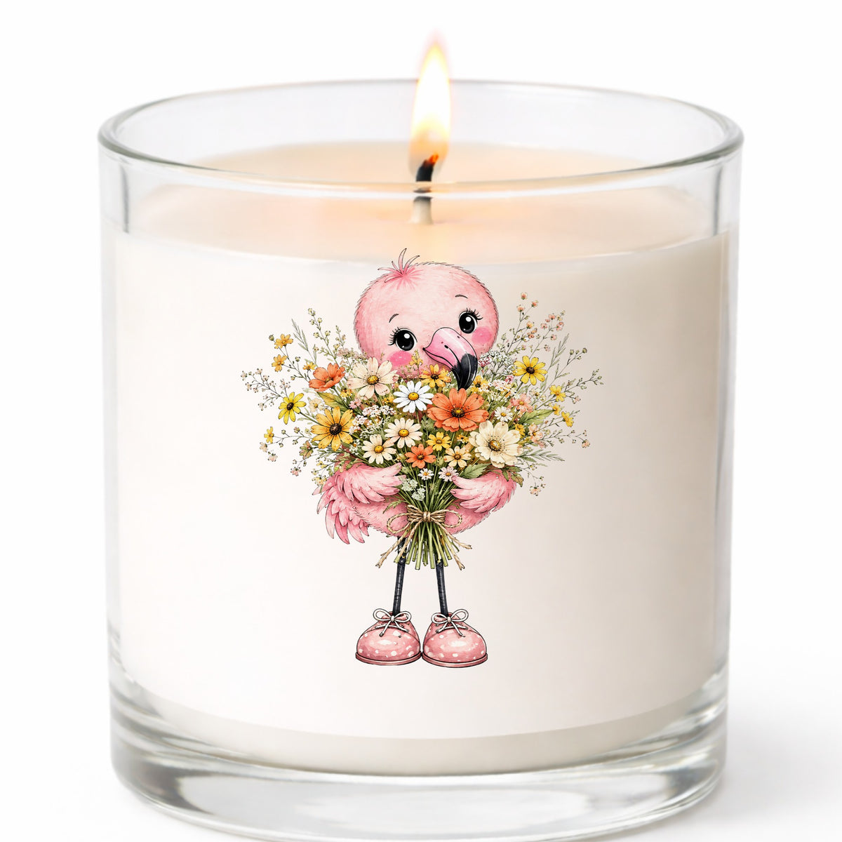 Pink Flamingo Holding Flower Bouquet UV DTF sticker applied to a white candle in a clear glass jar