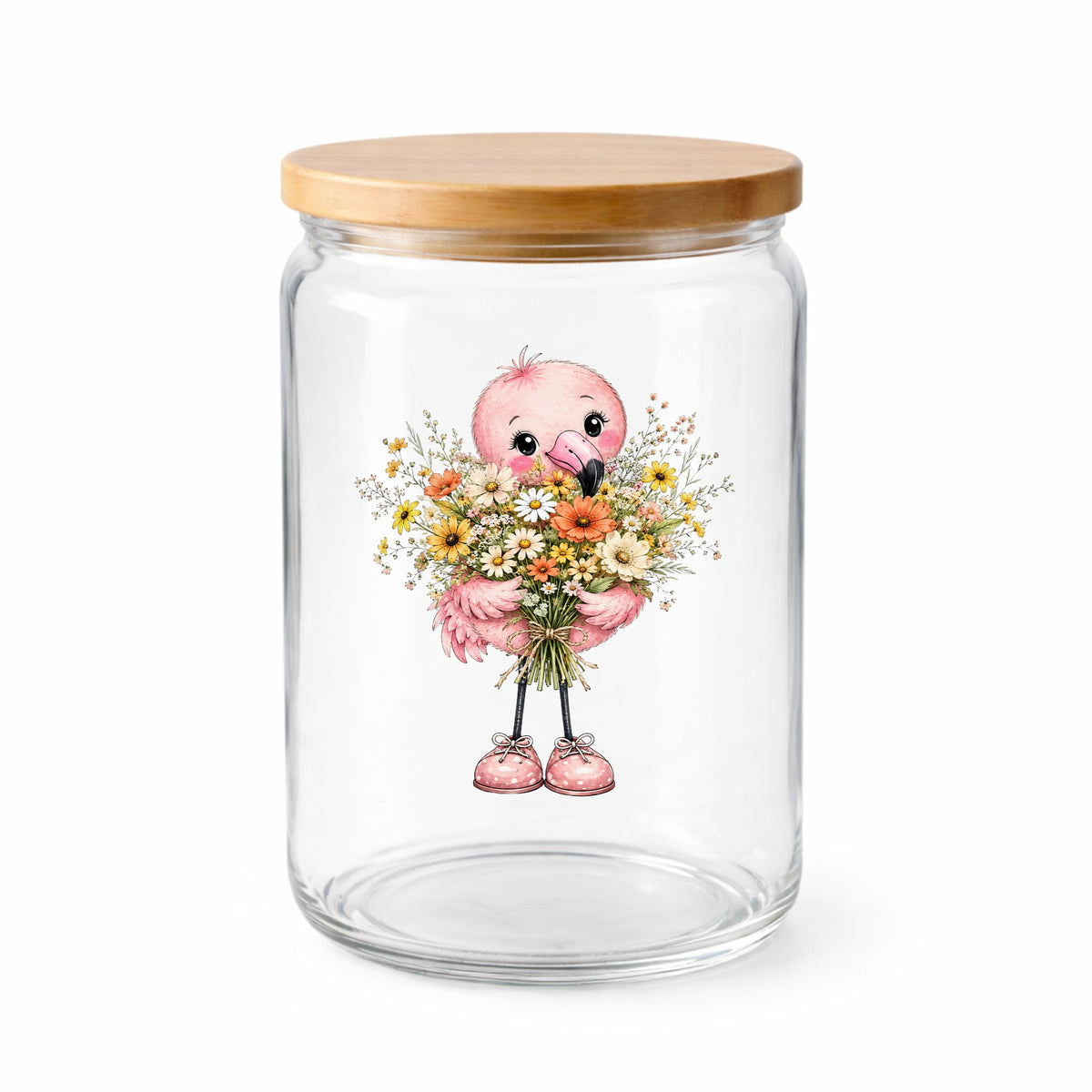 Pink Flamingo Holding Flower Bouquet UV DTF sticker applied to a clear glass jar with a wooden lid