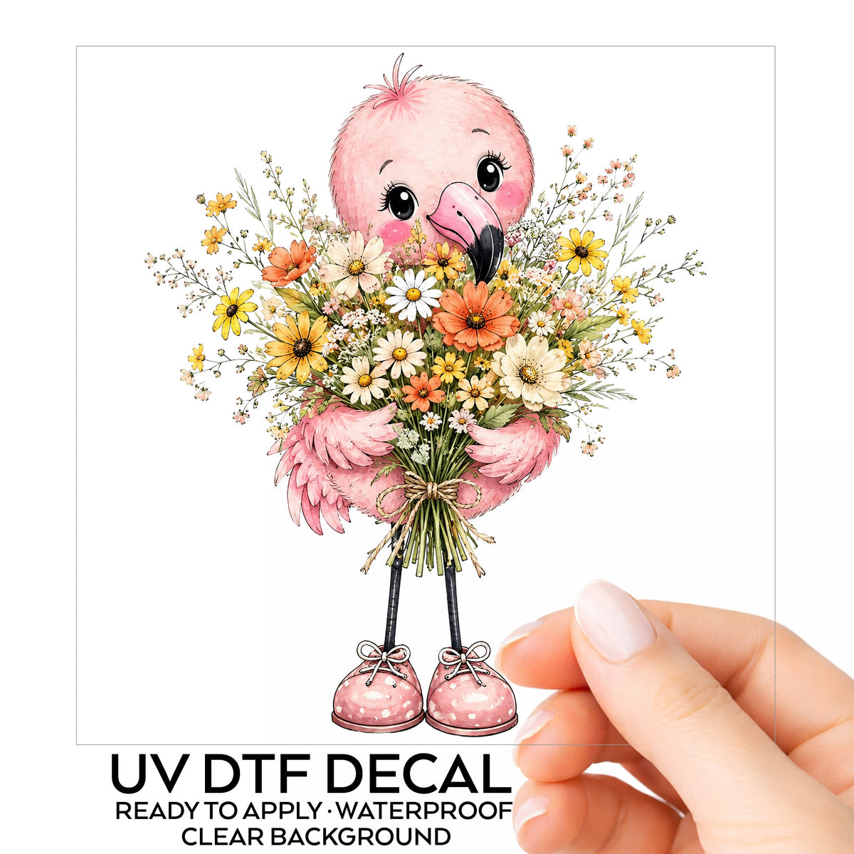 Pink Flamingo Holding Flower Bouquet UV DTF sticker on its backing card, held in hand