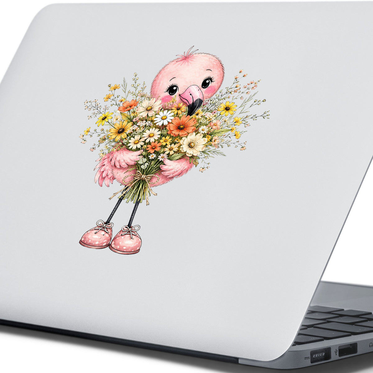 Pink Flamingo Holding Flower Bouquet UV DTF sticker applied to the lid of a silver laptop