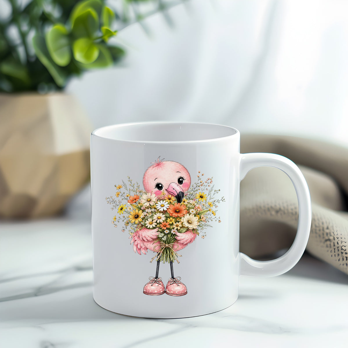 Pink Flamingo Holding Flower Bouquet UV DTF sticker applied to a white coffee mug