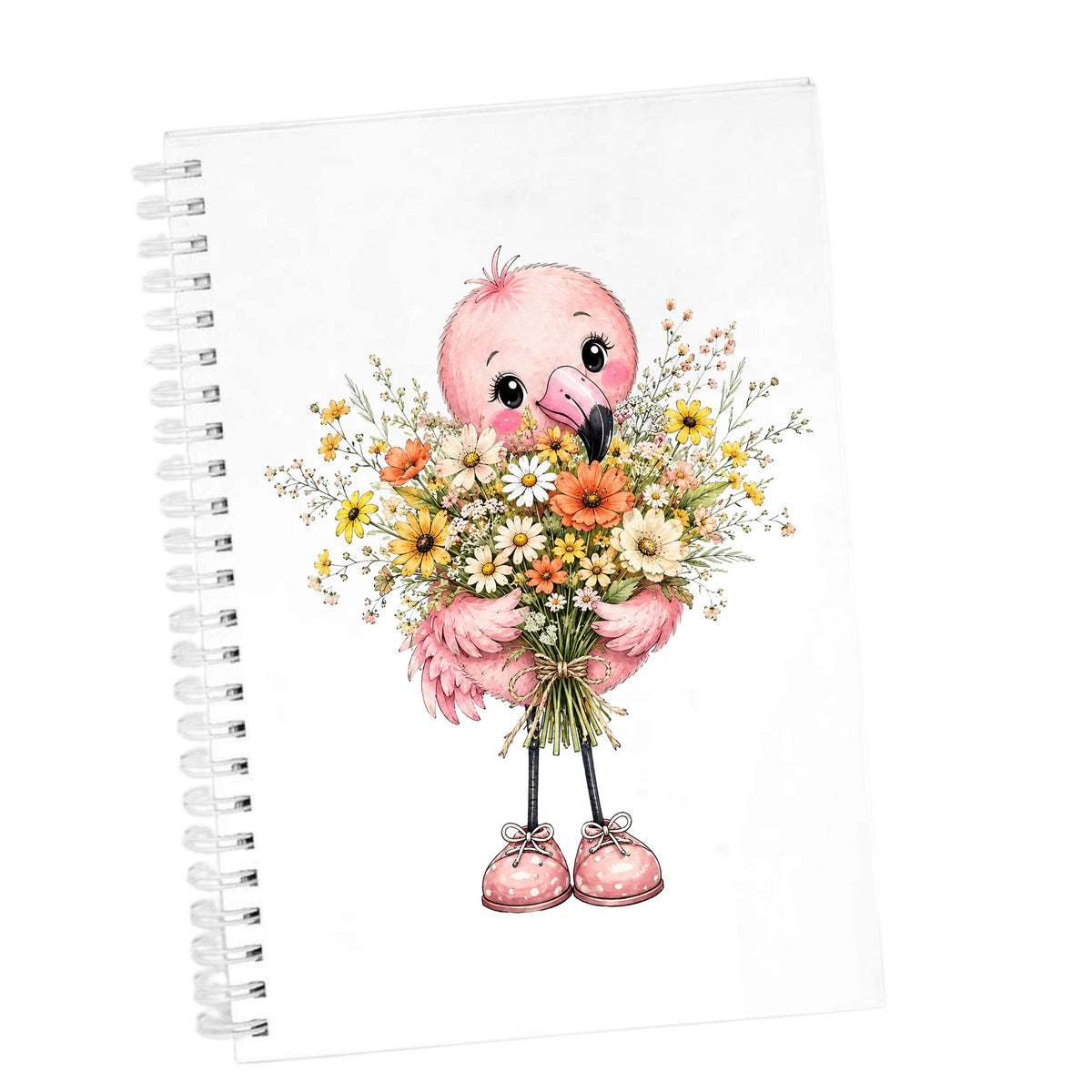 Pink Flamingo Holding Flower Bouquet UV DTF sticker applied to the cover of a white spiral journal