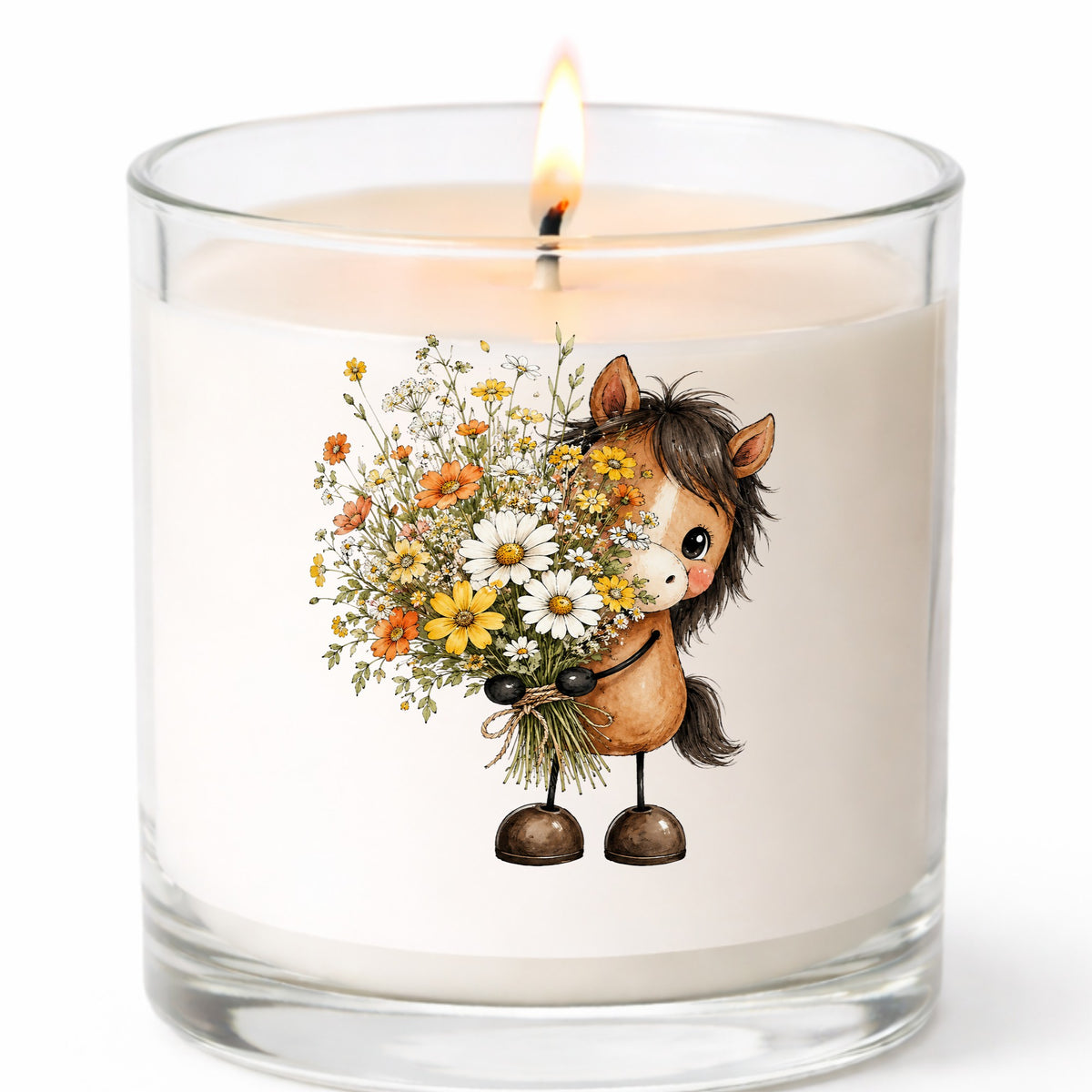 Brown Horse Holding Wildflower Bouquet UV DTF sticker applied to a white candle in a clear glass jar