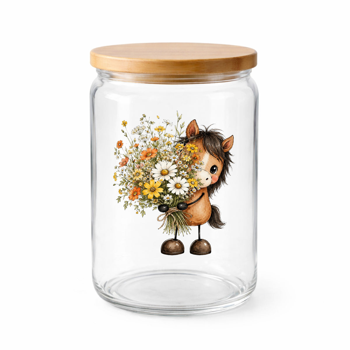 Brown Horse Holding Wildflower Bouquet UV DTF sticker applied to a clear glass jar with a wooden lid