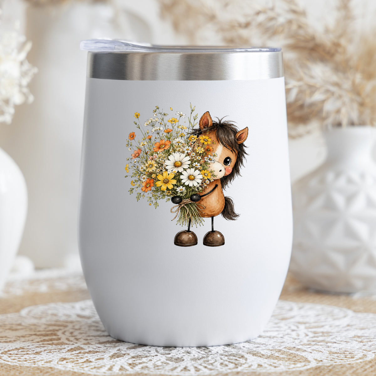 Brown Horse Holding Wildflower Bouquet UV DTF sticker applied to a white stemless tumbler with a lid