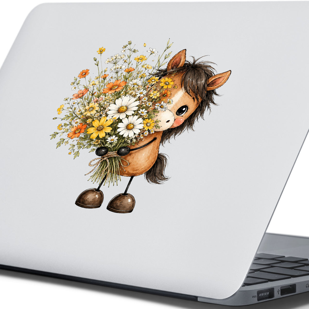 Brown Horse Holding Wildflower Bouquet UV DTF sticker applied to the lid of a silver laptop