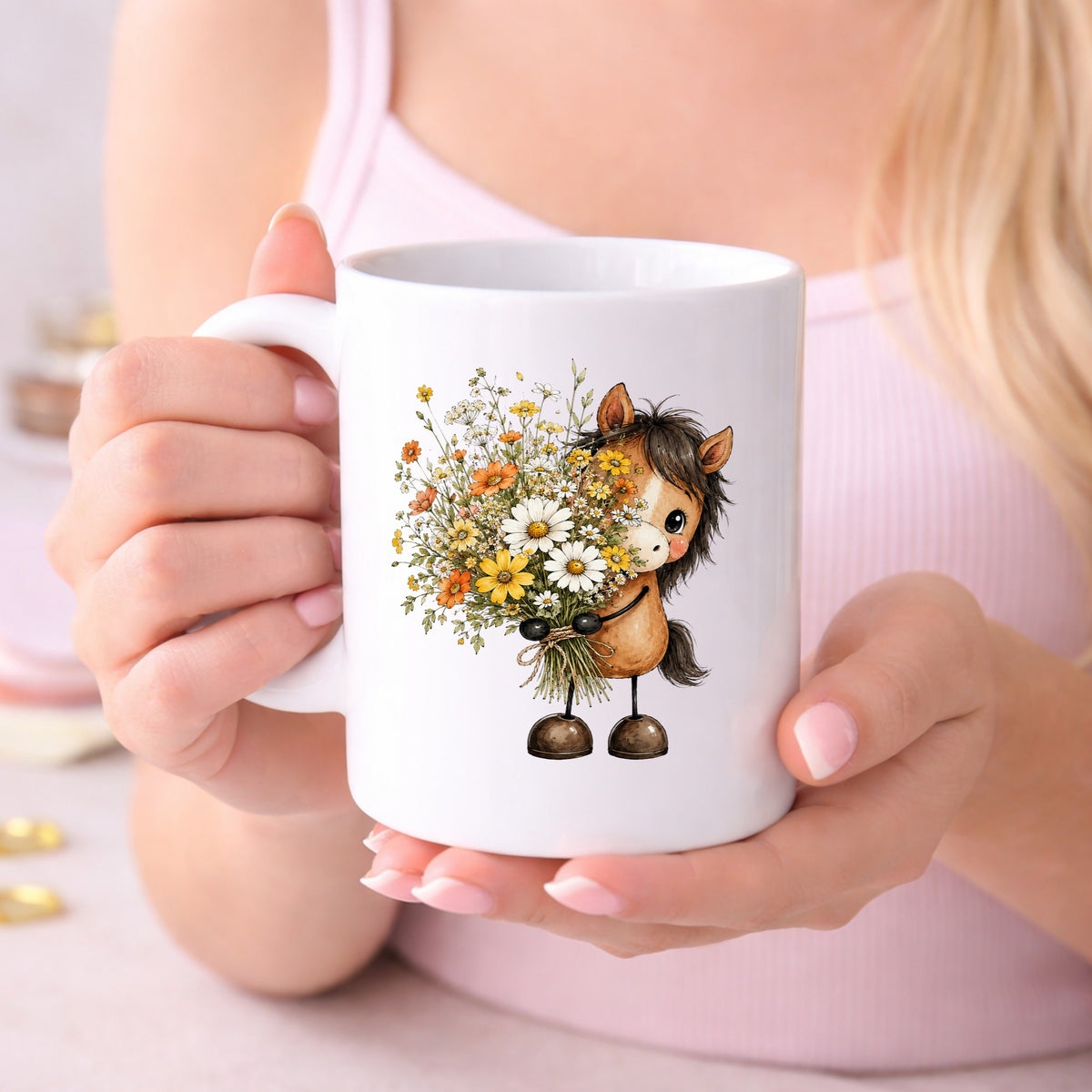 Brown Horse Holding Wildflower Bouquet UV DTF sticker applied to a white coffee mug held in both hands