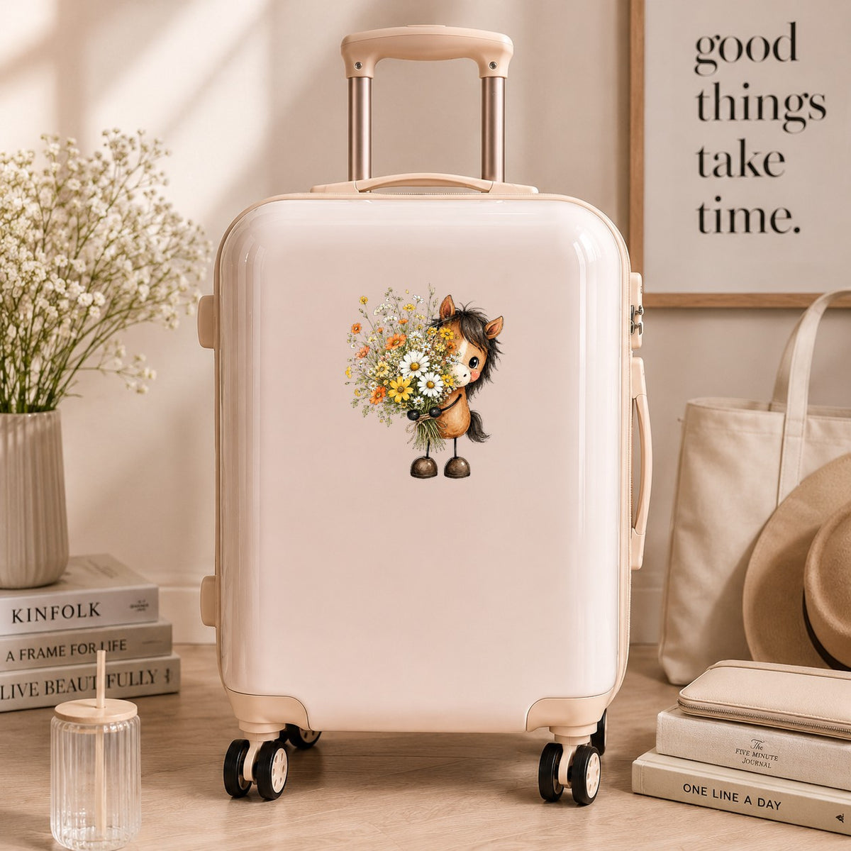 Brown Horse Holding Wildflower Bouquet UV DTF sticker applied to a cream carry-on suitcase