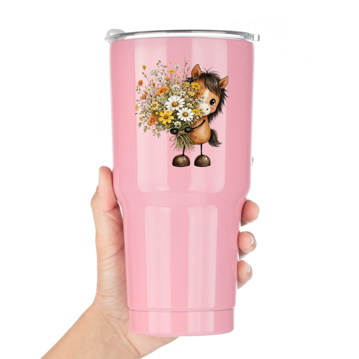 Brown Horse Holding Wildflower Bouquet UV DTF sticker applied to a pink tumbler held against a white background