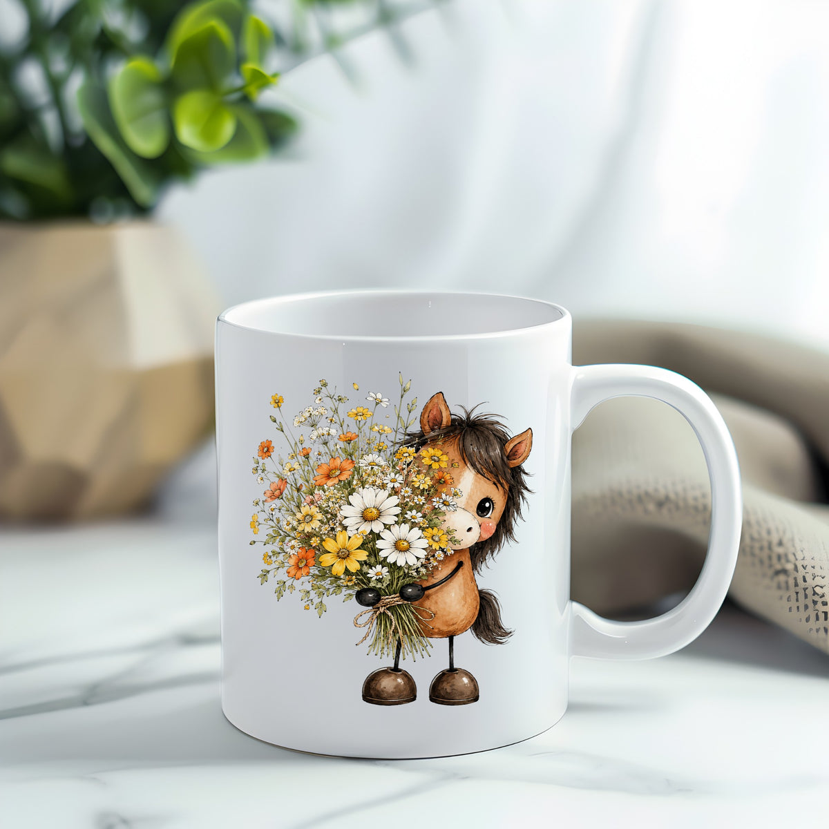 Brown Horse Holding Wildflower Bouquet UV DTF sticker applied to a white coffee mug