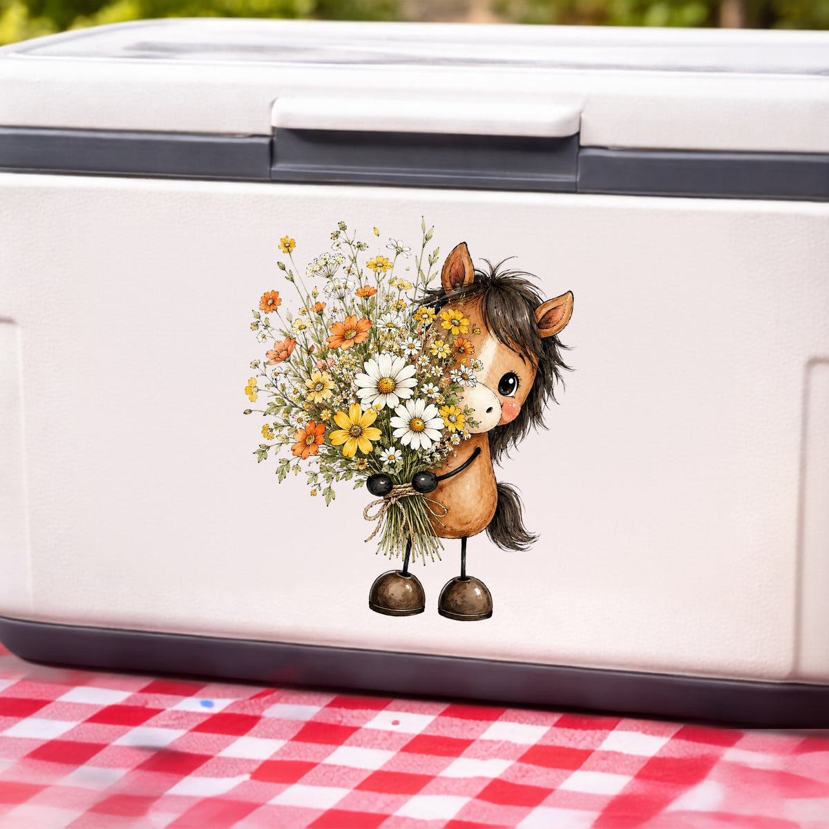 Brown Horse Holding Wildflower Bouquet UV DTF sticker applied to a white cooler on a red gingham cloth